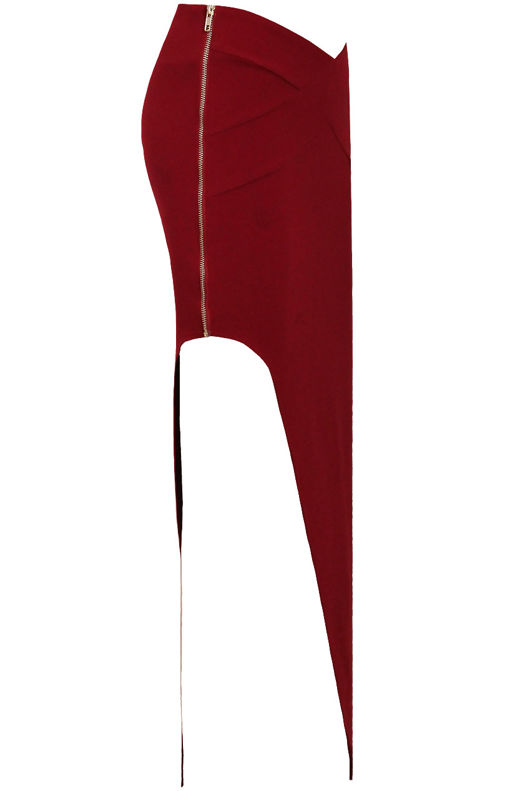 Burgundy Cross Textured Side Slit Zip Up Midi Skirts