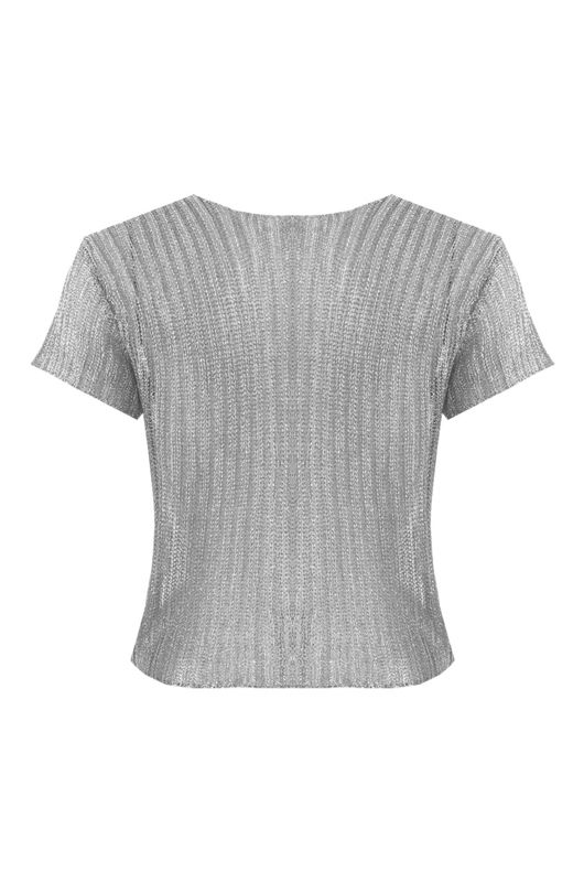 Silver Metallic Twist Front Knit Top