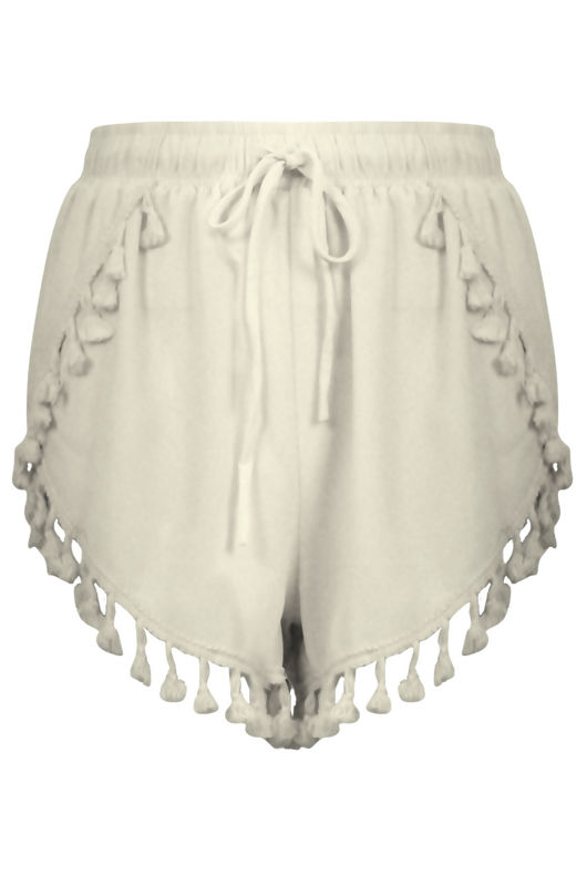 White Pom Pom High Waist Shorts