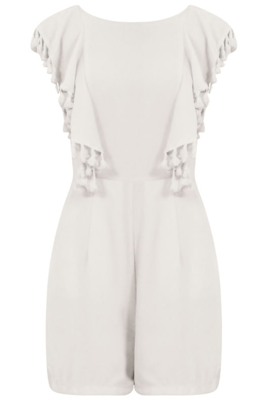 Cream Low Back Tassel Trim Playsuit 