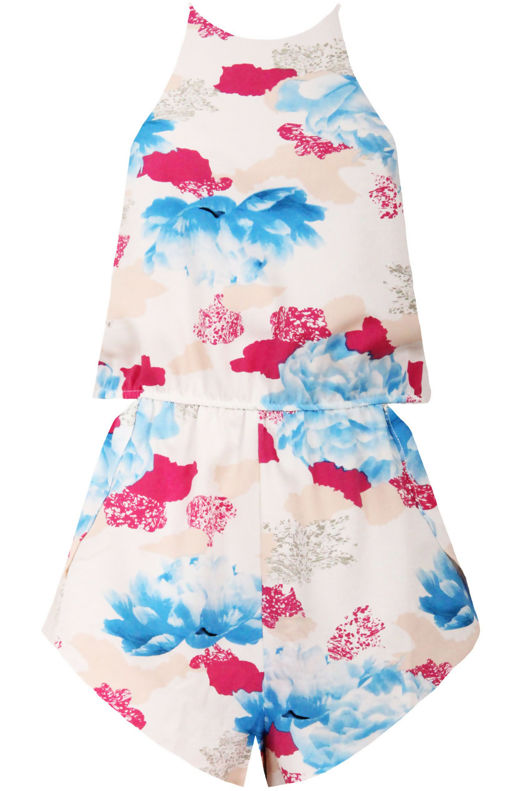 Cream & Blue Floral Print Playsuit