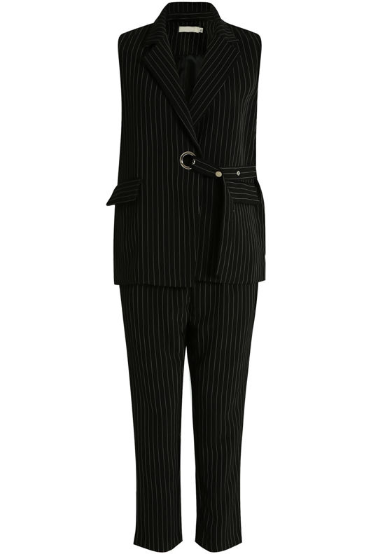 Black Striped O Ring Belted Waistcoat