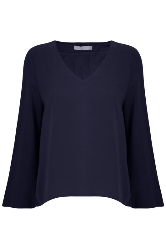 Navy V Neck Long Sleeves Tops