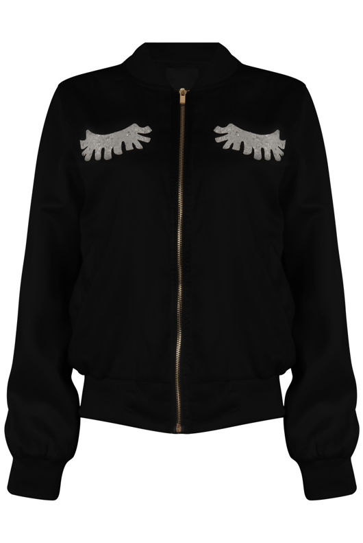 Black Eye Lash Embellished Bomber Jacket