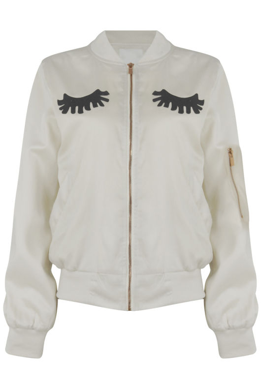 White Eye Lash Embellished Bomber Jacket