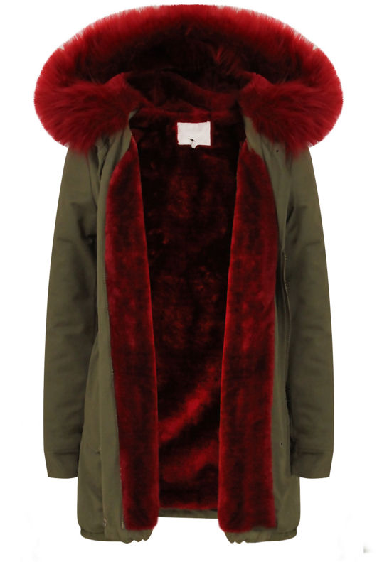 Khaki with Wine Fur Line Jacket