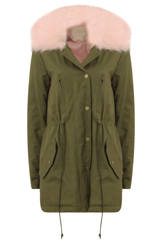 Khaki With Pink Fur Line Jacket