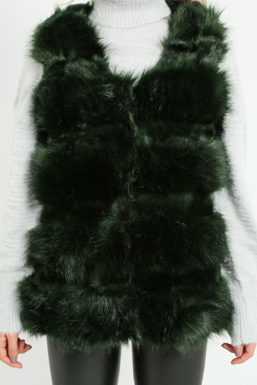  Dark Green Layered Shaggy Faux Fur Gilet