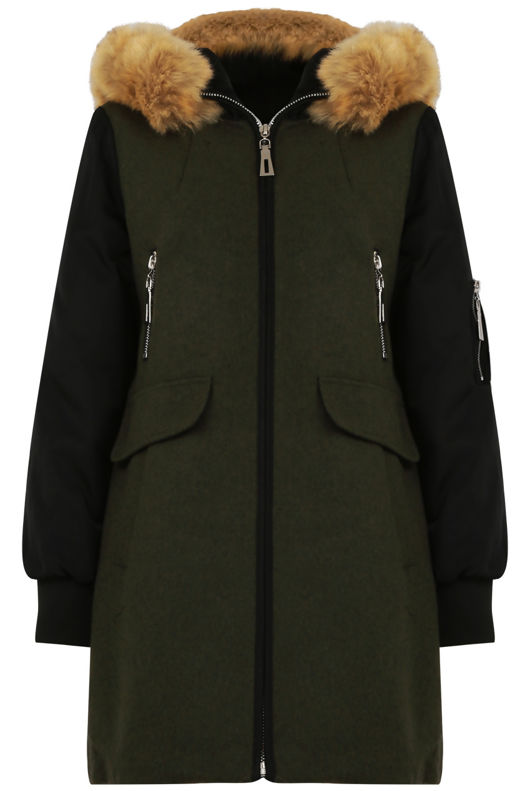 Khaki Two Tone Fur Hood Jacket