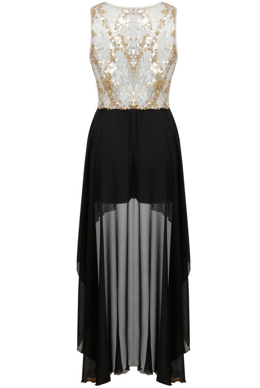 Cream & Black Sequin High/Low Dress