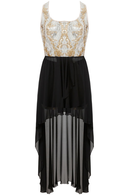 Cream & Black Sequin High/Low Dress