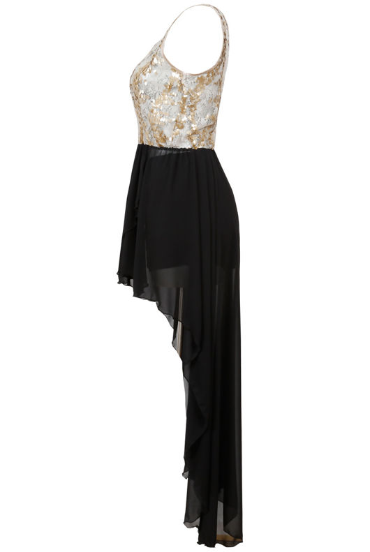 Cream & Black Sequin High/Low Dress