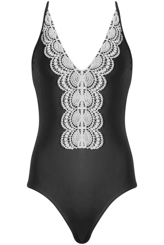 Black And Cream Lace Border Plunge Neck Swimsuit