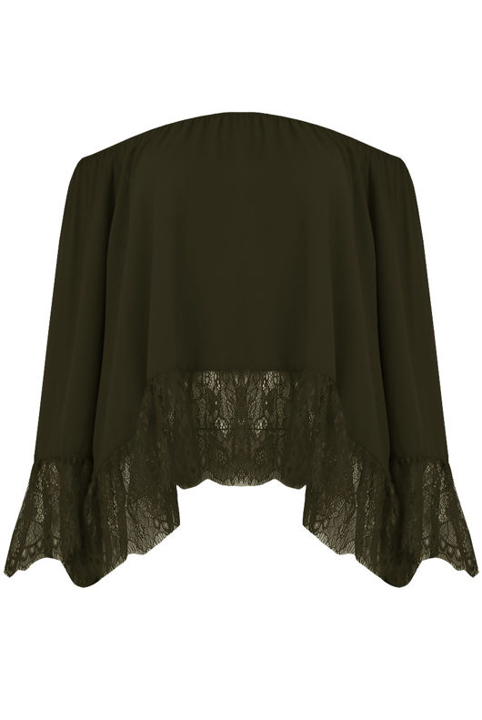 khaki Off The Shoulder Lace Border Blouse