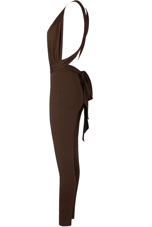 Brown Cross Over Back Tie Up Jumpsuit