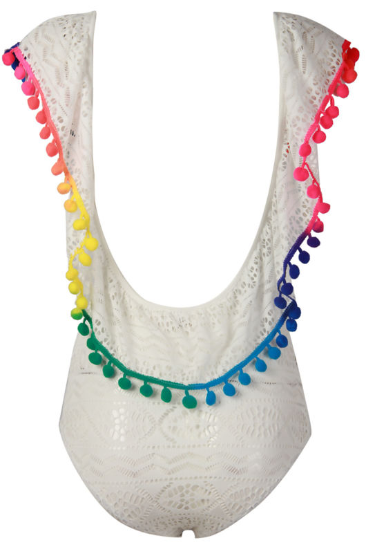 Cream Crochet Rainbow Pom Pom Bodysuit