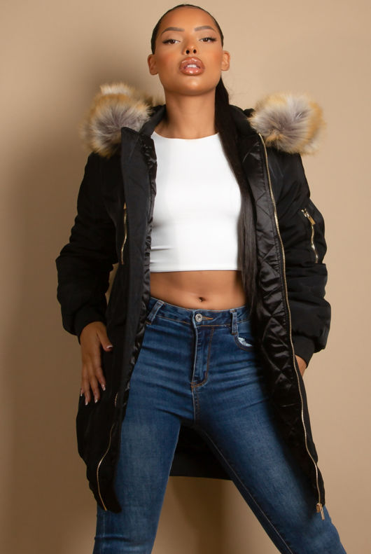Black Longline Bomber Jacket With Fur Trim