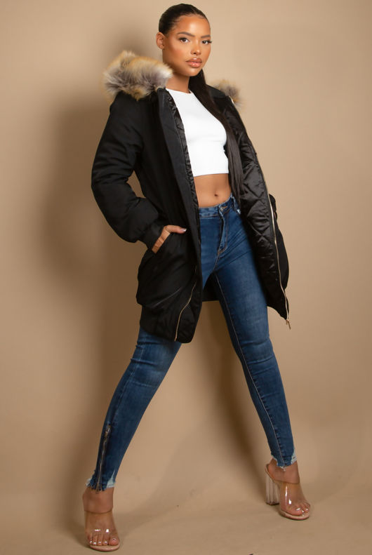 Black Longline Bomber Jacket With Fur Trim