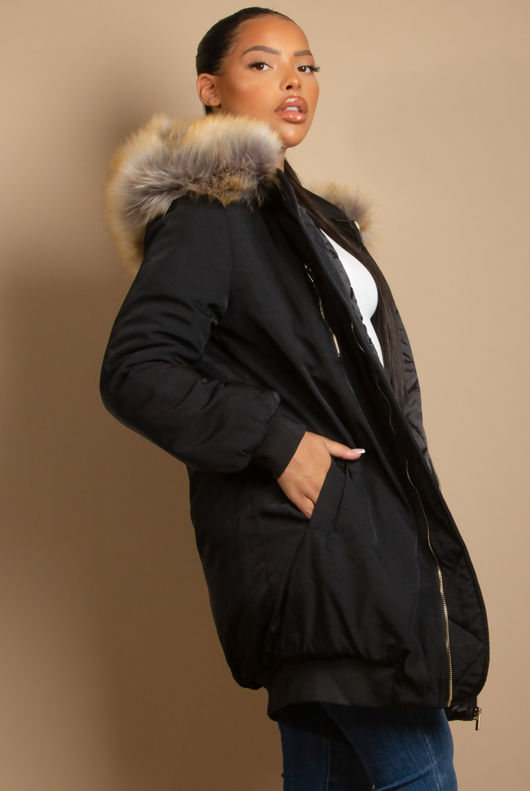 Black Longline Bomber Jacket With Fur Trim