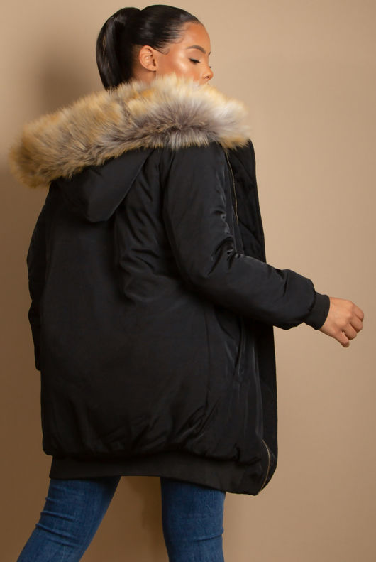 Black Longline Bomber Jacket With Fur Trim