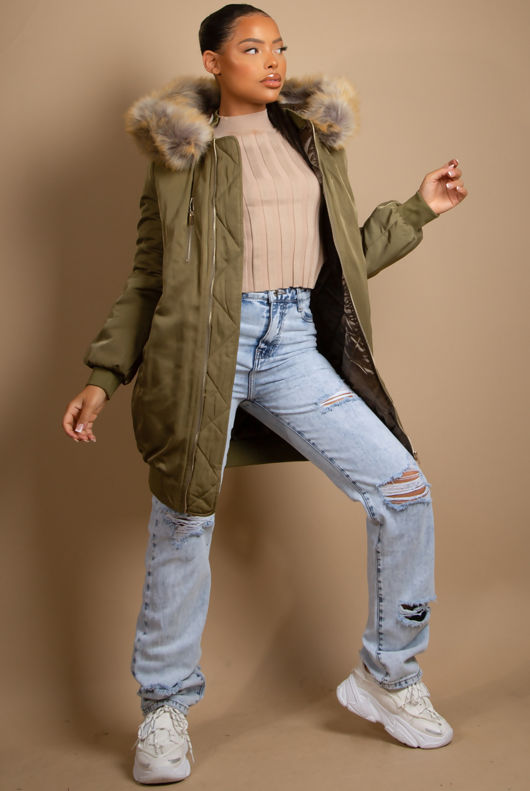 Khaki Longline Bomber Jacket With Fur Trim