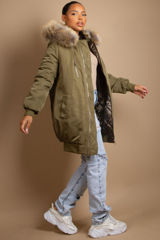 Khaki Longline Bomber Jacket With Fur Trim
