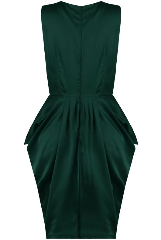 Green Satin V Neck Dress With Graduated Pleats