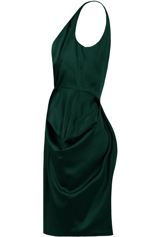 Green Satin V Neck Dress With Graduated Pleats