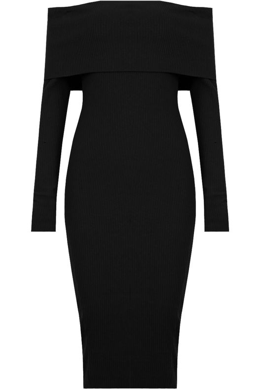 Black Bardot Fold Over Midi Dress