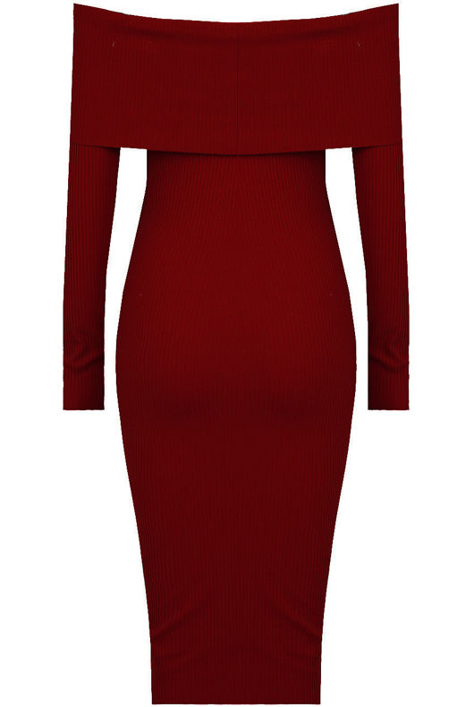 Wine Bardot Fold Over Midi Dress
