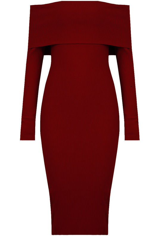 Wine Bardot Fold Over Midi Dress