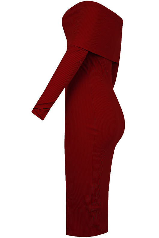 Wine Bardot Fold Over Midi Dress