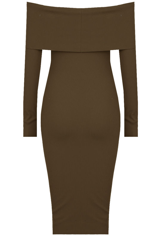 Khaki Bardot Fold Over Midi Dress