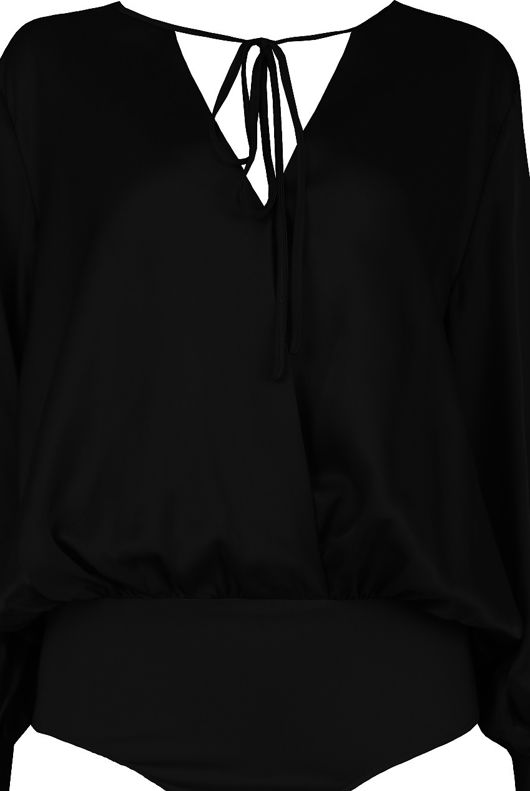 Black Satin Cross Over Front Tie Up Bodysuit