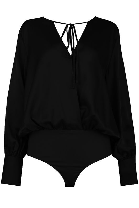 Black Satin Cross Over Front Tie Up Bodysuit