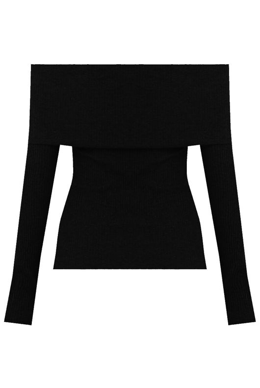 Black Bardot Fold Over Ribbed Tops