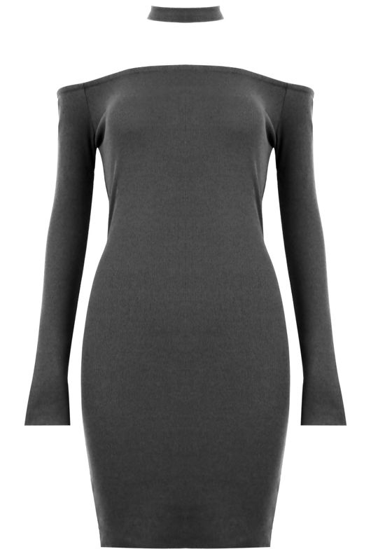 Grey Choker Neck Jersey Bodycon Dress
