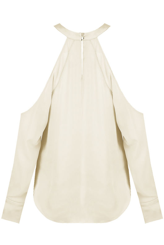 Beige Satin Cold Shoulder Front Cut Out Blouse