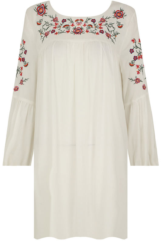 Cream Floral Embroidered Shift Dress 