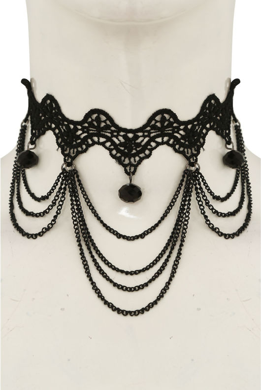 Black Crochet Chain Tassels Necklace