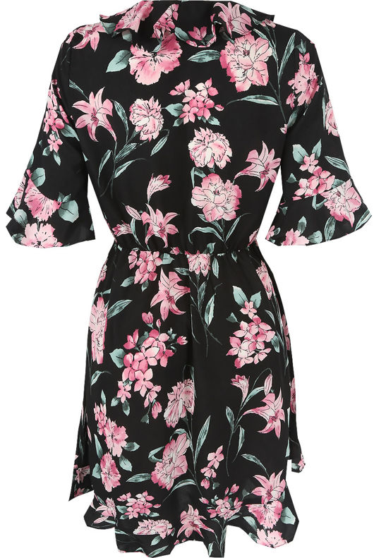 Black Floral Print Overlay Frill Mini Dress