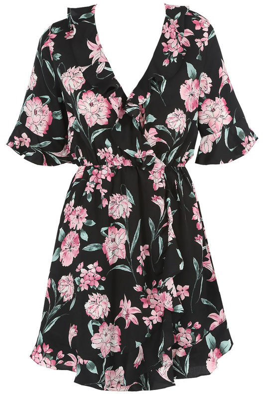 Black Floral Print Overlay Frill Mini Dress