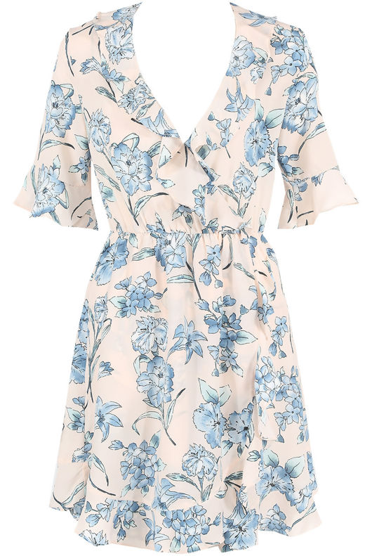 Rose Floral Print Overlay Frill Mini Dress