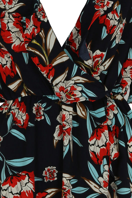 Navy Floral Cross Over Ruffled Shift Dress