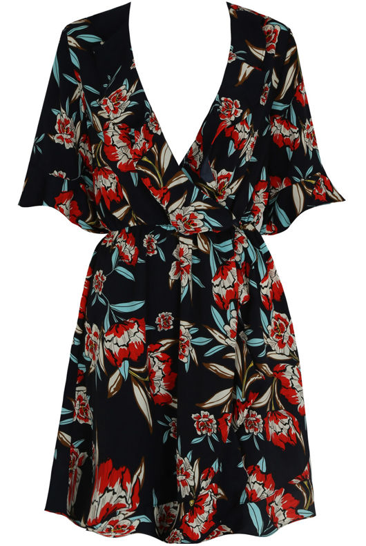 Navy Floral Cross Over Ruffled Shift Dress