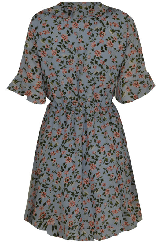 Vintage Floral Ruffle Wrap Look Day Dress In Blue