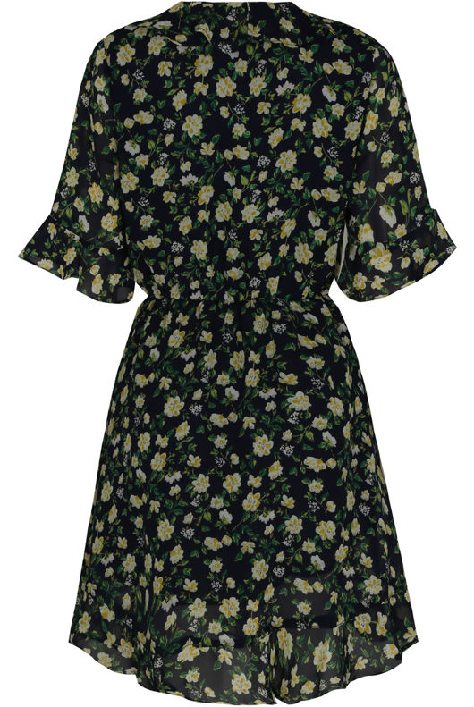 Vintage Floral Ruffle Wrap Look Day Dress In Navy
