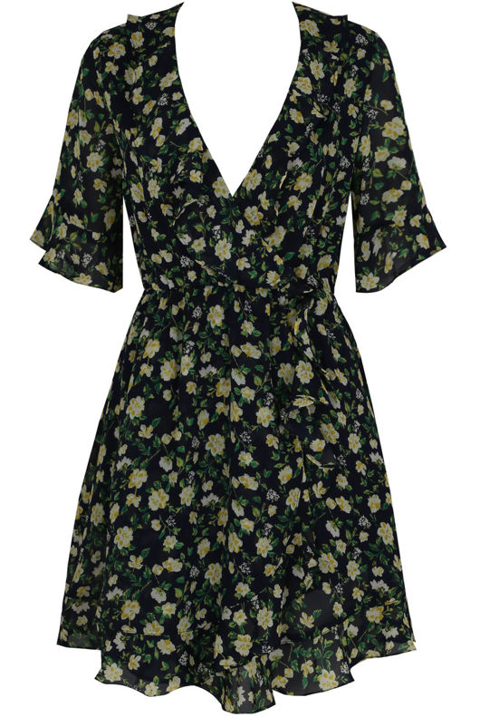 Vintage Floral Ruffle Wrap Look Day Dress In Navy