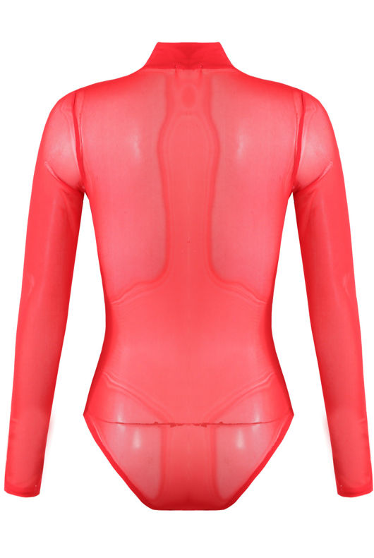 Red Mock Neck Sheer Mesh Bodysuit