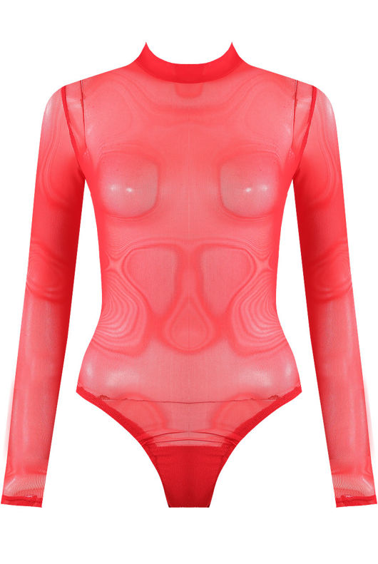 Red Mock Neck Sheer Mesh Bodysuit
